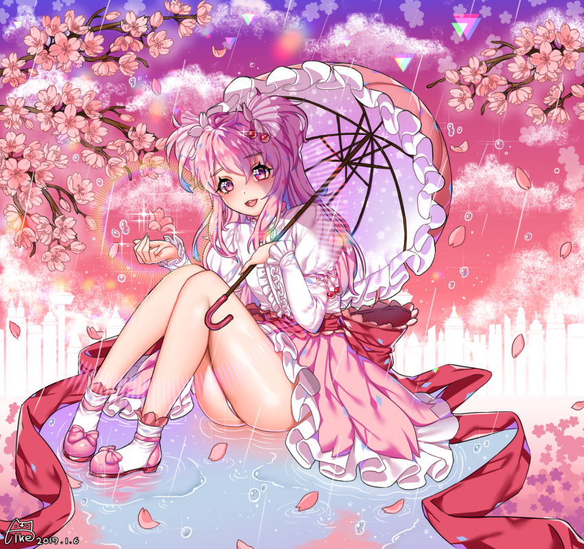 :d artist_name ass cherry_blossom_cookie cherry_blossoms cloud cookie_run dated highres long_hair open_mouth outdoors panties pantyshot pantyshot_(sitting) parasol personification pink_footwear pink_hair pink_skirt pink_sky pink_umbrella puddle rain ripples sitting skirt smile solo tikeworld umbrella underwear