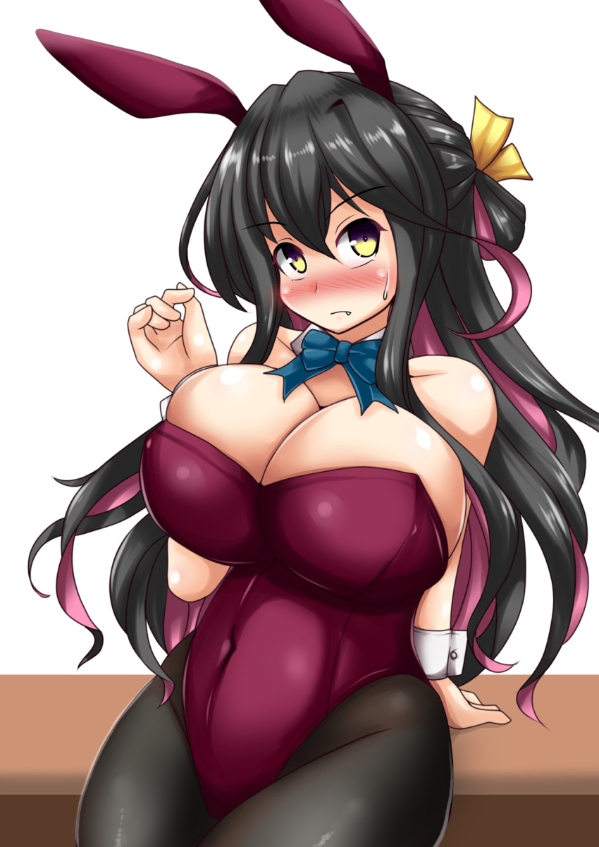 animal_ears bare_shoulders black_hair black_legwear blush bow bowtie breasts bunny_ears bunnysuit cleavage detached_collar fake_animal_ears fang hair_ribbon highres kantai_collection large_breasts leotard long_hair multicolored_hair naganami_(kantai_collection) pantyhose pink_hair purple_leotard ribbon sitting solo strapless strapless_leotard sweat wrist_cuffs yellow_eyes yutanpo-2