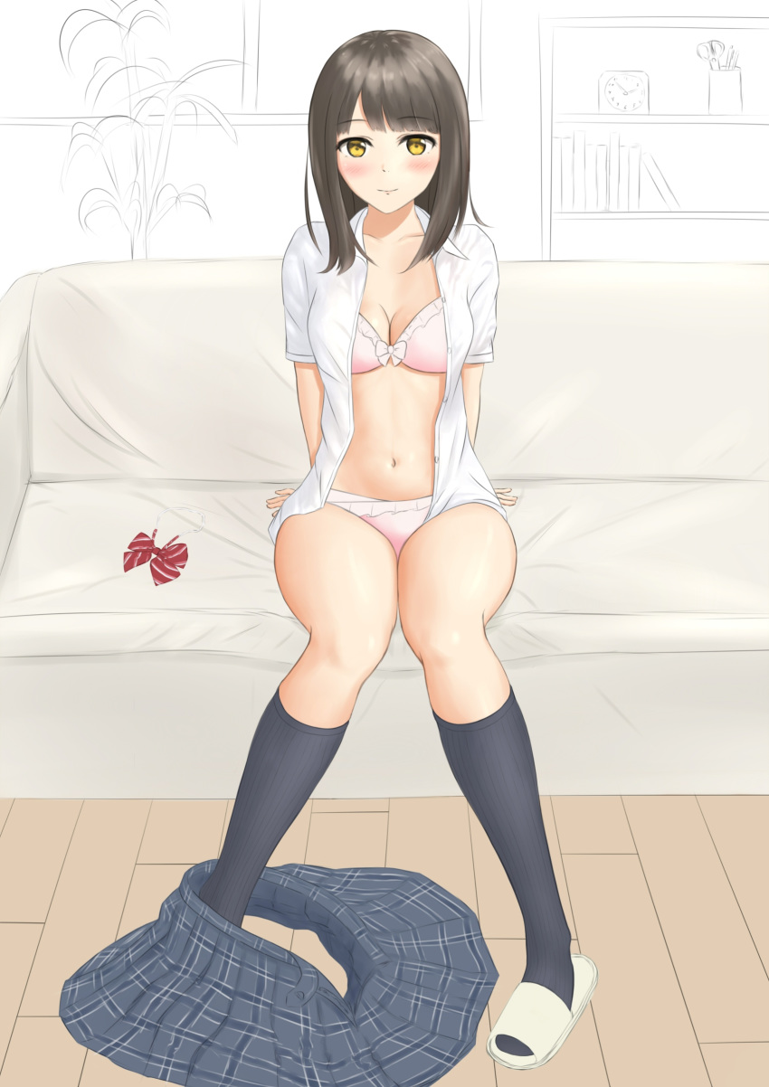 1girl absurdres arm_support arms_behind_head black_legwear black_skirt bow bowtie bowtie_removed bra breasts brown_eyes brown_hair cleavage closed_mouth couch dress_shirt eyebrows_visible_through_hair frilled_bra frilled_panties frills highres indoors knees_together_feet_apart legs light_blush lips looking_at_viewer medium_breasts miniskirt navel no_pants on_couch original panties pink_bra pink_panties plaid plaid_skirt pleated_skirt red_neckwear sandals school_uniform shirt short_sleeves sitting sketch skirt skirt_around_one_leg skirt_pull smile socks solo underwear uniform white_footwear white_shirt wooden_floor yurugumo