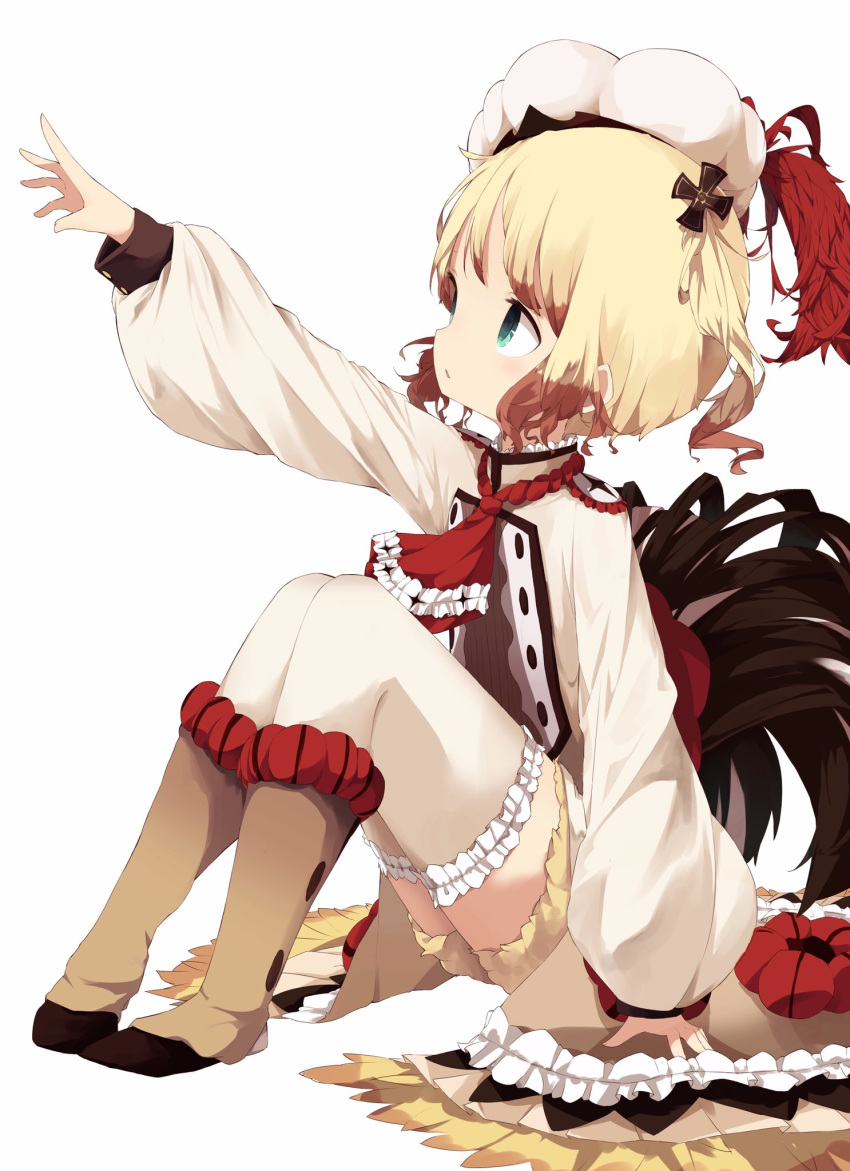 arm_support arm_up bangs blonde_hair boots brown_footwear brown_hair commentary_request dress feather_trim frilled_dress frilled_legwear frilled_neckwear frills full_body gradient_hair green_eyes hat heart highres long_sleeves looking_away mabuta_(byc0yqf4mabye5z) mahou_shoujo_ikusei_keikaku mahou_shoujo_ikusei_keikaku_restart multicolored_hair necktie open_mouth outstretched_arm pechika_(mahoiku) puffy_long_sleeves puffy_sleeves red_neckwear rooster_tail short_hair simple_background sitting sketch solo thighhighs twintails upper_teeth white_background white_dress white_hat white_legwear