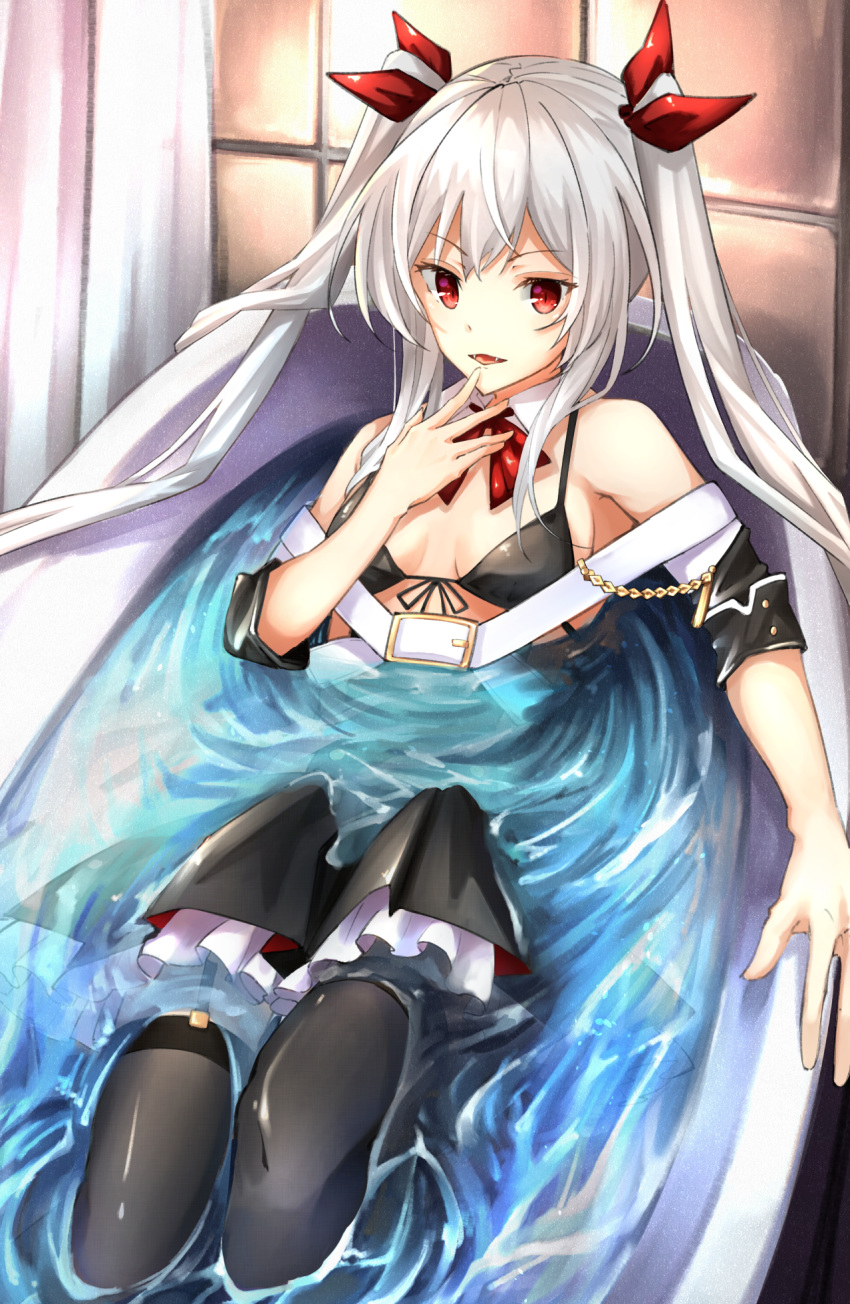 azur_lane bangs bath bathtub belt belt_buckle bikini_top black_bikini_top black_dress black_legwear buckle commentary detached_sleeves dress eyebrows_visible_through_hair fangs front-tie_bikini front-tie_top garter_straps hair_between_eyes hair_ribbon highres long_hair looking_at_viewer parted_lips partially_submerged red_eyes red_ribbon ribbon rusi short_sleeves silver_hair solo thighhighs twintails vampire_(azur_lane) very_long_hair water white_belt