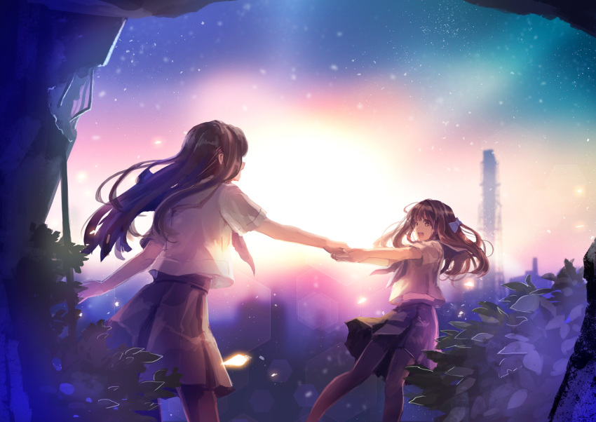 backlighting black_eyes black_hair bow commentary eye_contact hair_bow holding_hands lens_flare light_particles long_hair looking_at_another multiple_girls naruse_chisato open_mouth original overgrown pantyhose plant pulling ruins school_uniform serafuku skirt twilight vines