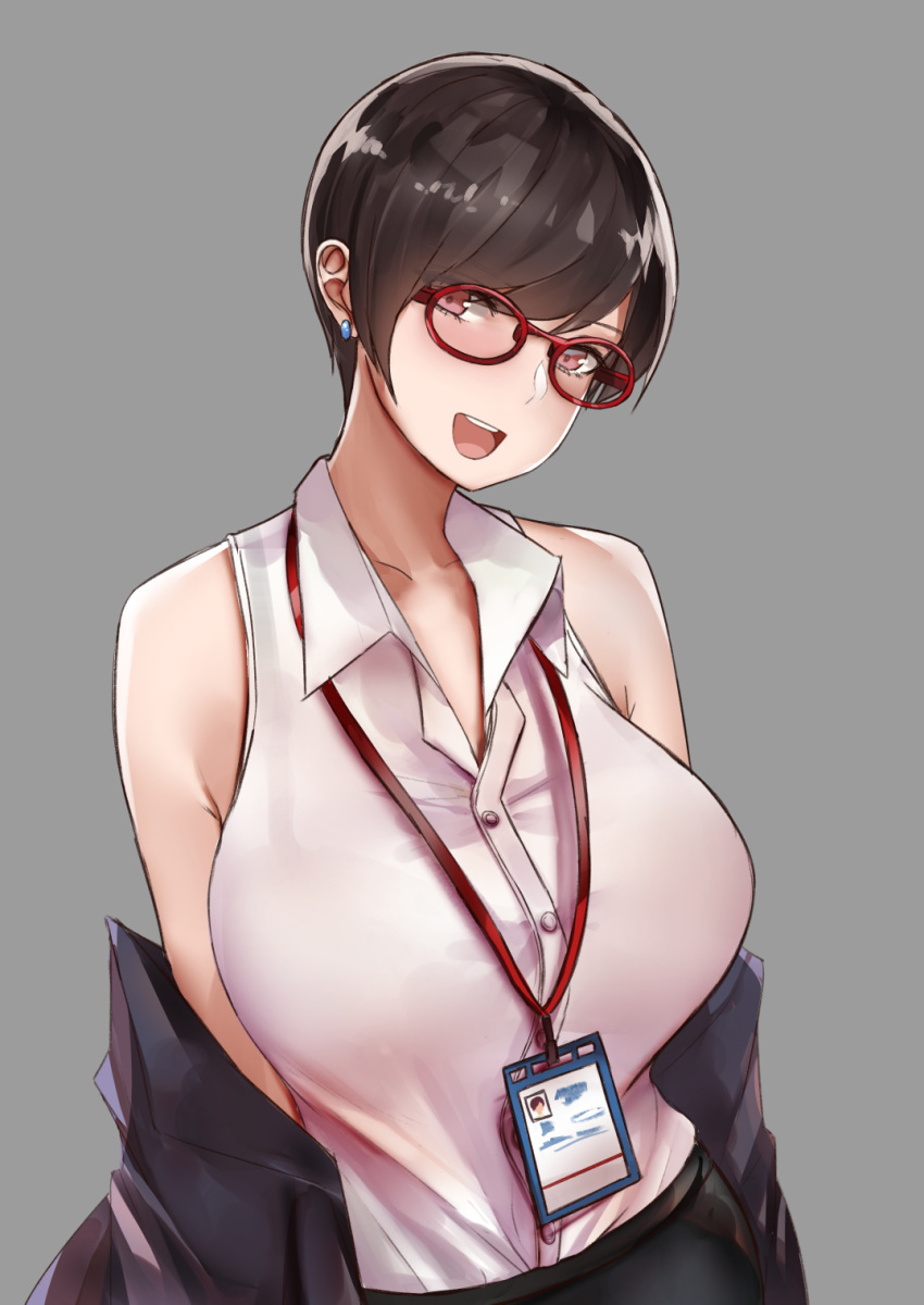 :d bangs bare_shoulders black_hair black_pants bra_through_clothes breasts buttons collarbone commentary dress_shirt earrings english_commentary eyebrows_visible_through_hair eyes_visible_through_hair glasses grey_background highres id_card jewelry lanyard large_breasts looking_at_viewer norman_maggot off_shoulder office_lady ol-chan_(norman_maggot) open_mouth original pants pink_eyes pixie_cut red-framed_eyewear shiny shiny_hair shirt shirt_tucked_in short_hair simple_background sleeveless sleeveless_shirt smile solo very_short_hair wing_collar