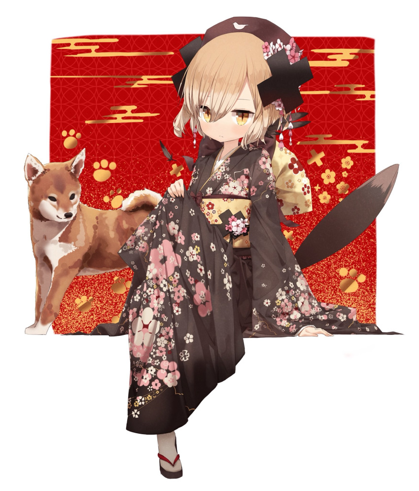 alternate_costume animal arm_support bangs black_feathers black_hair black_hat black_kimono brown_eyes commentary_request dog dog_tail egasumi eyebrows_visible_through_hair feathers floral_print flower hair_between_eyes hair_flower hair_ornament hat highres japanese_clothes kimono light_brown_hair long_sleeves mabuta_(byc0yqf4mabye5z) mahou_shoujo_ikusei_keikaku obi pink_flower print_kimono sash shadowgale shippou_(pattern) short_hair sitting sleeves_past_wrists socks solo tabi tail white_flower white_legwear wide_sleeves zouri