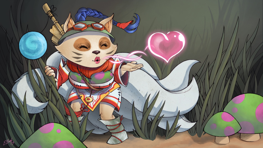 &lt;3 2018 5_fingers ambiguous_gender anthro armor black_nose blowgun brown_fur clothed clothing crossdressing cute elizabethbeals_(artist) eyes_closed eyewear fake_breasts fur goggles grass helmet humanoid league_of_legends lipstick makeup mammal multi_tail mushroom riot_games solo teemo_(lol) video_games weapon yordle