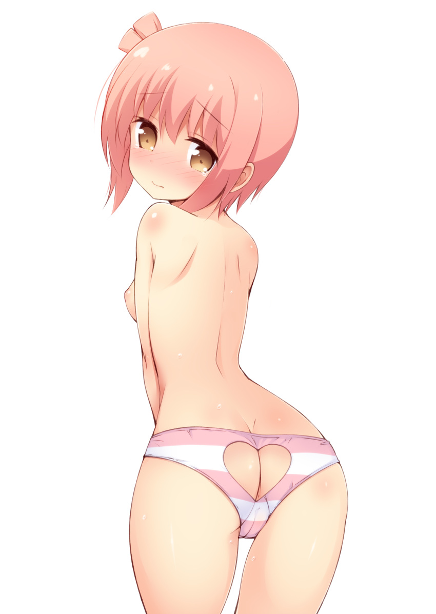 absurdres ass ass_cutout bangs blush breasts brown_eyes butt_crack cameltoe eyebrows_visible_through_hair from_behind hair_between_eyes head_tilt heart_cutout highres ichinose_hana looking_at_viewer looking_back nipples nose_blush one_side_up panties pink_hair shoulder_blades simple_background slow_start small_breasts solo striped striped_panties sweat topless underwear underwear_only white_background yuu_(yumezakura)