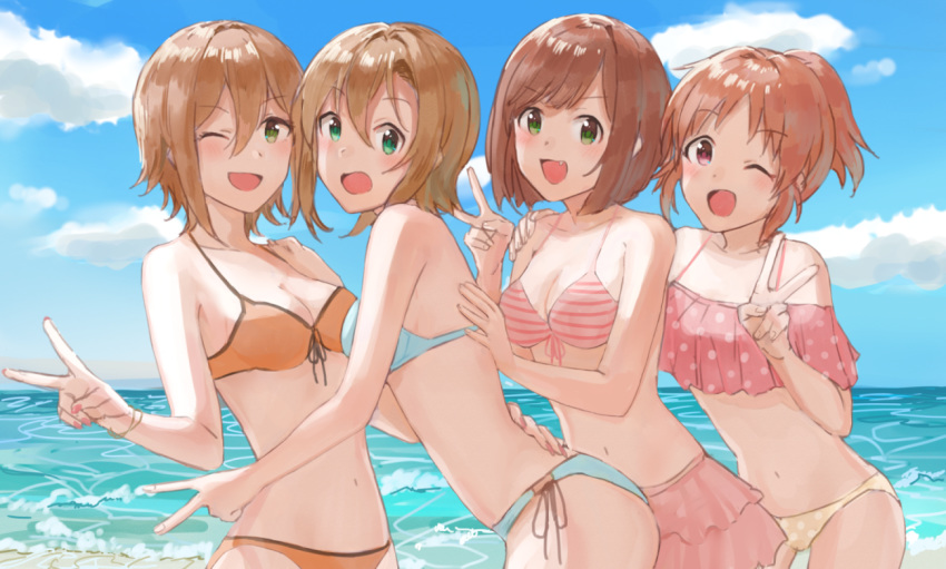 :d ;d abe_nana akii aqua_eyes arm_around_waist bangs bare_shoulders bikini bikini_skirt black_ribbon blue_bikini blue_sky blush bracelet breasts brown_hair cleavage cloud collarbone day eyebrows_visible_through_hair fang fingernails front-tie_bikini front-tie_top green_eyes hair_between_eyes hand_on_another's_back hand_on_another's_shoulder idolmaster idolmaster_cinderella_girls jewelry kimura_natsuki leaning_forward light_brown_hair looking_at_viewer looking_to_the_side maekawa_miku medium_breasts mismatched_bikini multiple_girls nail_polish navel ocean one_eye_closed open_mouth orange_bikini orange_hair parted_bangs pink_bikini pink_bikini_top pink_eyes pink_nails polka_dot polka_dot_bikini ponytail ribbon shiny shiny_hair short_hair side-tie_bikini sidelocks sky smile striped_bikini_top swimsuit tada_riina tareme v-shaped_eyebrows water yellow_bikini_bottom