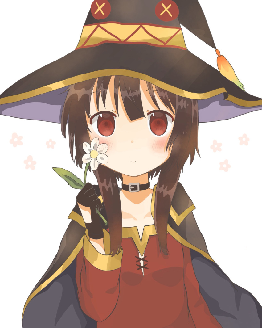 black_cape black_gloves black_hair breasts brown_hair cape choker closed_mouth collar dress flower gloves hand_up hat highres holding holding_flower kono_subarashii_sekai_ni_shukufuku_wo! light_smile looking_at_viewer megumin petals red_dress red_eyes short_hair_with_long_locks sidelocks simple_background small_breasts solo standing white_flower white_petals witch_hat yuno_(suke_yuno)