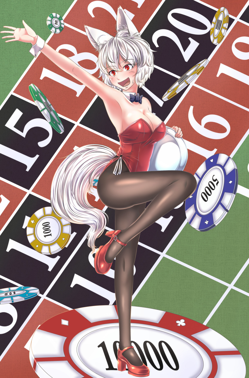 :d alternate_costume animal_ears arm_up armpits black_legwear blue_neckwear bow bowtie breasts carrying_under_arm commentary_request detached_collar eyebrows_visible_through_hair folded_leg full_body high_heels highres inubashiri_momiji kouno_ibuki large_breasts leotard looking_to_the_side mary_janes open_hand open_mouth pantyhose platform_footwear playboy_bunny_leotard poker_chip red_eyes red_footwear roulette_table shoes short_hair smile solo standing standing_on_one_leg sweatdrop tail touhou tray white_hair wolf_ears wolf_girl wolf_tail wrist_cuffs