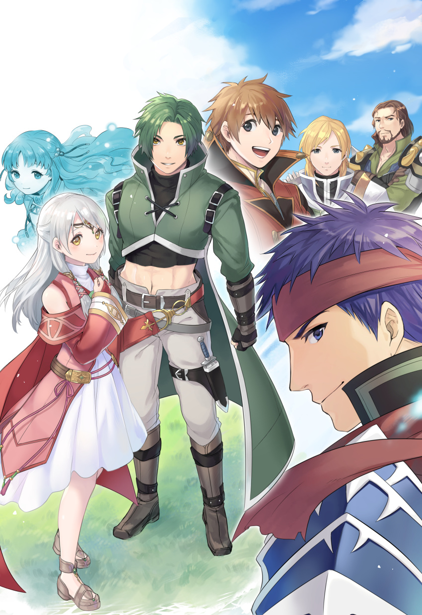 5boys absurdres armor bangle bare_shoulders blonde_hair blue_eyes bracelet bridal_gauntlets brown_hair circlet commentary_request detached_sleeves dress edward_(fire_emblem) facial_hair fire_emblem fire_emblem:_akatsuki_no_megami fire_emblem:_souen_no_kiseki gloves green_hair half_updo highres ichikeita ike jewelry leonardo_(fire_emblem) long_hair long_sleeves looking_at_viewer micaiah multiple_boys multiple_girls nolan silver_hair smile sothe spirit white_dress yellow_eyes yune