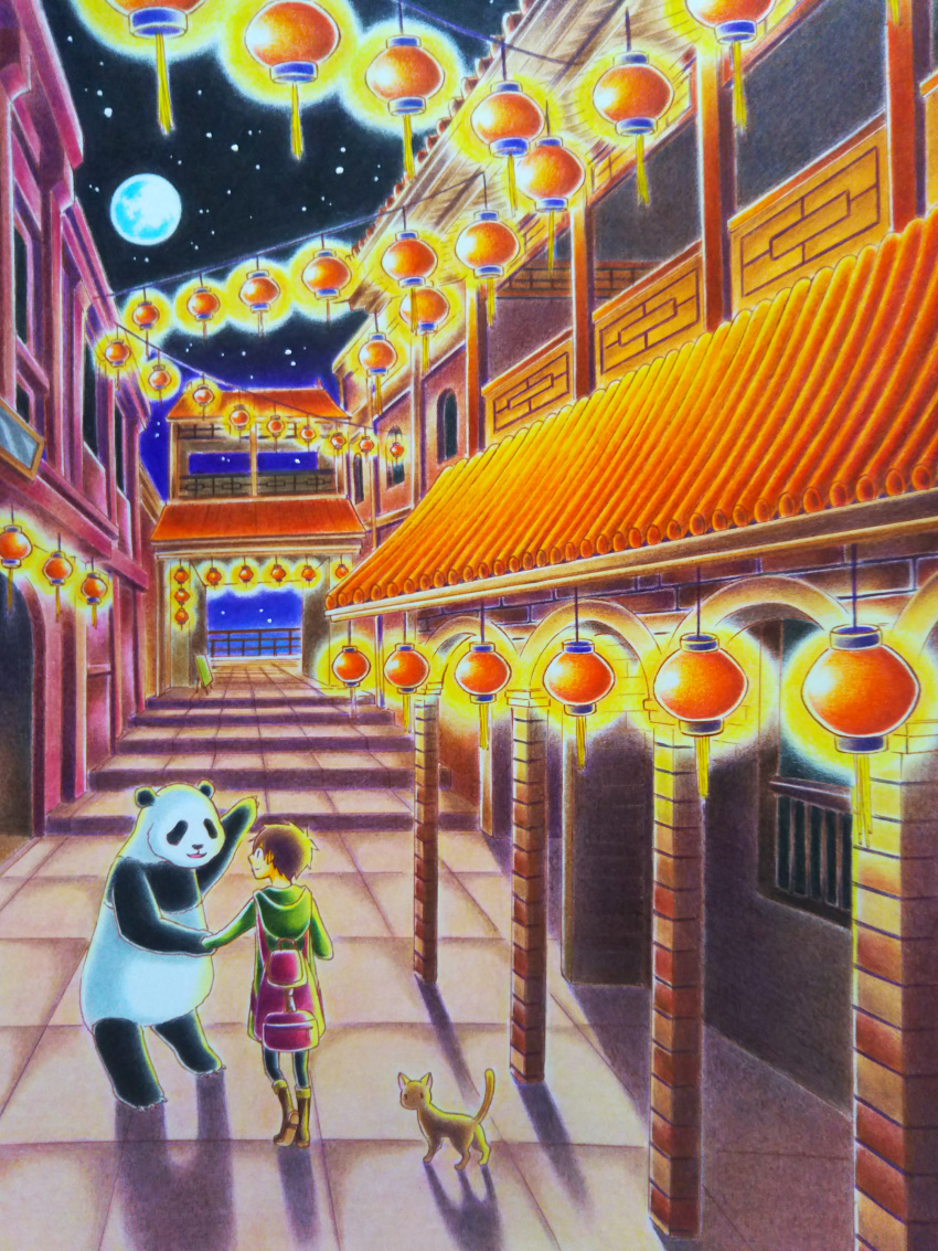 absurdres arch asou_haruka backpack bag boots brown_cat brown_eyes brown_footwear brown_hair cat cityscape closed_mouth colored_pencil_(medium) commentary_request conversation eye_contact green_jacket handrail happy highres jacket lantern looking_at_another looking_away night night_sky original panda parted_lips perspective pointing scenery shadow sky smile stairs standing star_(sky) starry_sky traditional_media watercolor_pencil_(medium) window