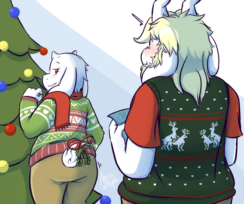 2017 anthro asgore_dreemurr azenzeph blonde_hair blush boss_monster caprine christmas clothing facial_hair female goat hair holidays horn long_ears male mammal mistletoe plant suggestive sweater tagme toriel undertale video_games