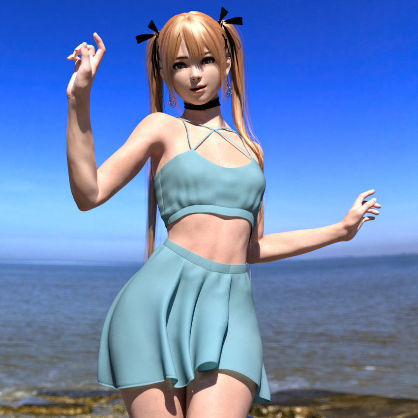 1girl 3d blonde_hair breasts cleavage dead_or_alive earrings female hair_ornament hair_ribbon jewelry light-skinned_female long_hair looking_at_viewer marie_rose ocean outdoors ribbon source_filmmaker tied_hair twintails v1z3t4 very_long_hair