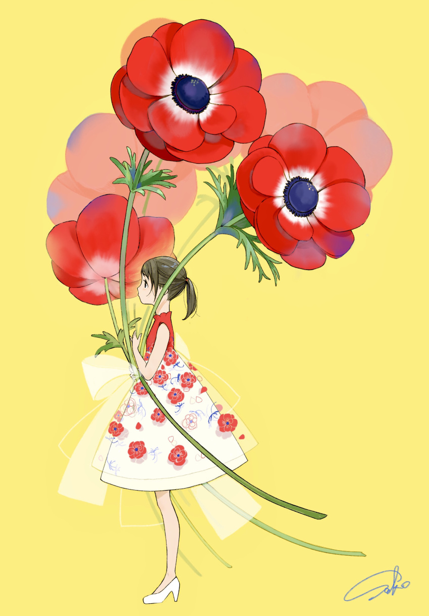 absurdres anemone_(flower) brown_hair closed_mouth commentary_request flower from_side high-waist_skirt high_heels highres holding holding_flower minigirl original ponytail profile red_shirt sako_(user_ndpz5754) shirt signature simple_background skirt solo standing white_footwear white_skirt yellow_background