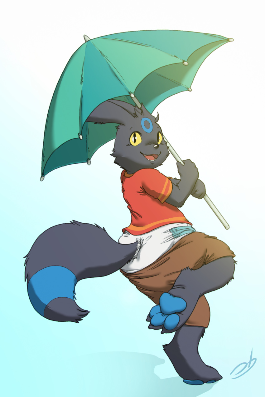 anthro clothing diaper eeveelution hi_res male nintendo pawpads pok&eacute;mon pok&eacute;mon_(species) smile solo stormdragonblue umbrella umbreon video_games