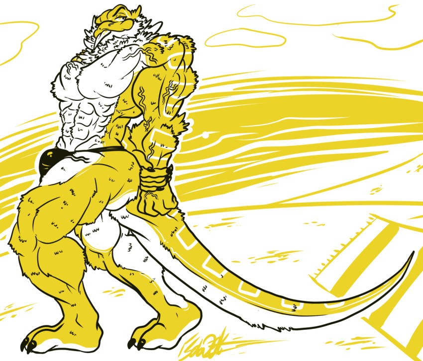 anthro bearded_dragon bulge clothing eda fur male muscular muscular_male reptile scalie solo standing tongue tongue_out underwear veiny_muscles