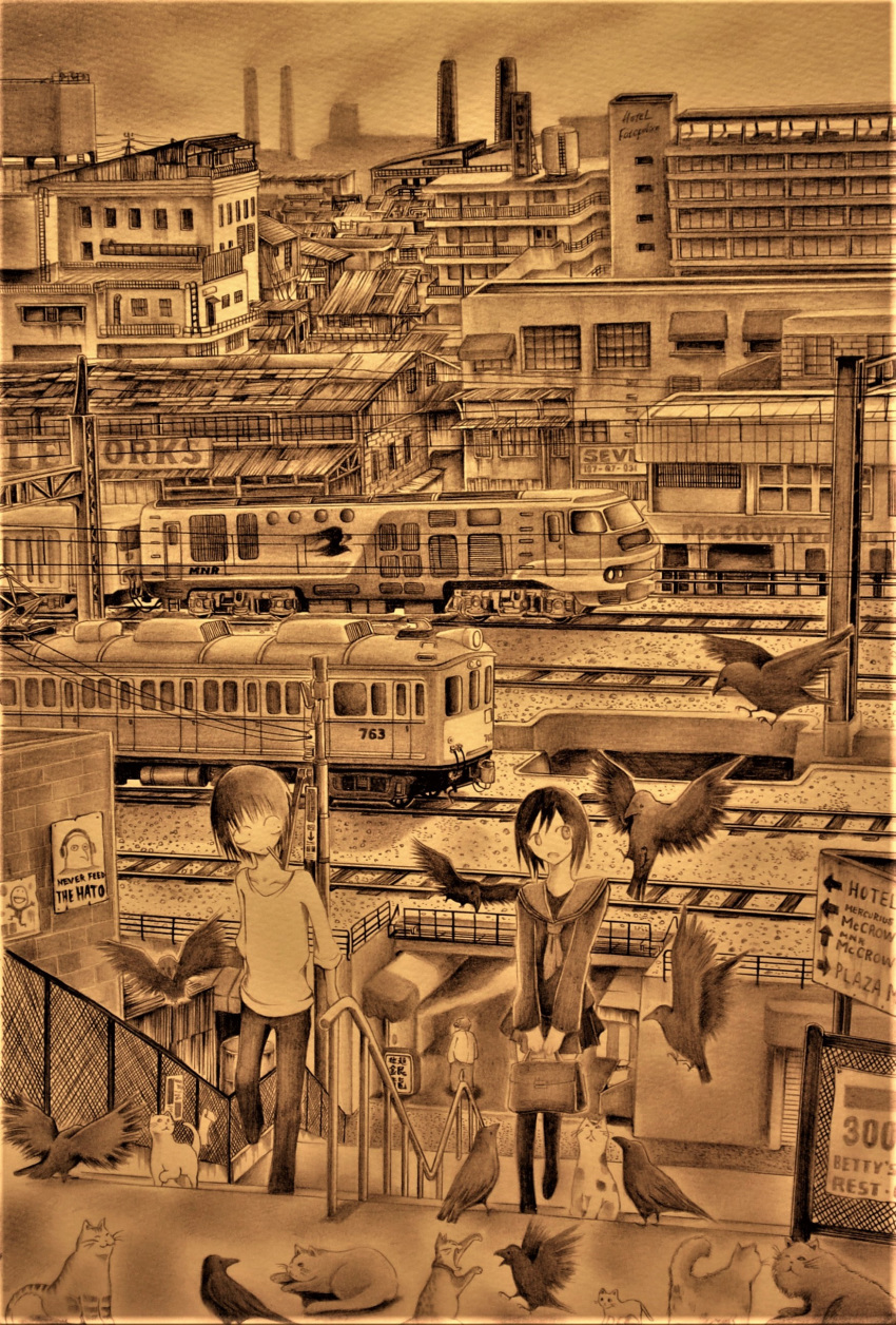 2boys absurdres bag balcony bird brick_wall brown building cat cityscape closed_mouth collarbone commentary_request crow directional_arrow door flying graphite_(medium) handrail highres holding holding_bag kobahiro ladder long_sleeves looking_at_another looking_away looking_down looking_to_the_side looking_up mechanical_pencil miniskirt monochrome mouth_hold multiple_boys open_mouth original pants paper pencil railroad_tracks scenery school_uniform sepia serafuku shirt short_hair sign skirt sky stairs telephone_pole texture traditional_media walking whiskers window