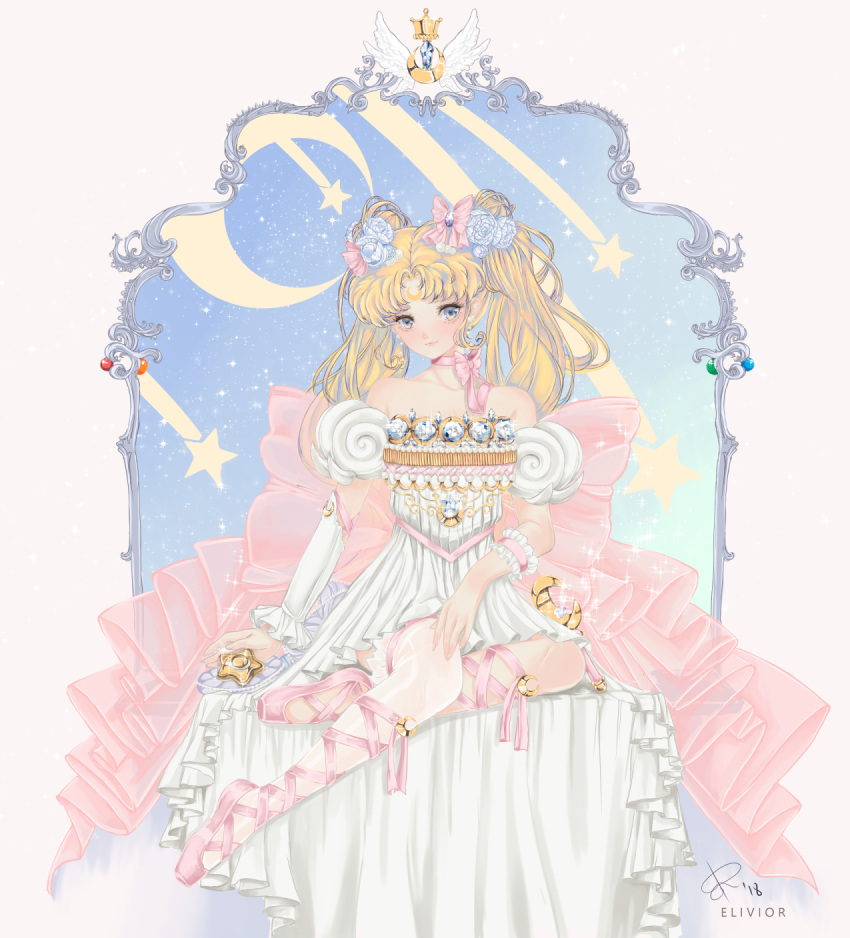 adapted_costume artist_name asymmetrical_clothes ballet_slippers bangs bare_shoulders bishoujo_senshi_sailor_moon blonde_hair blue_eyes bow choker closed_mouth crescent cross-laced_footwear detached_sleeves diamond double_bun dress elivior facial_mark flower forehead_mark frame gem gold hair_flower hair_ornament highres huge_bow light_smile long_hair moon_stick outside_border parted_bangs pink_bow pink_footwear pink_ribbon princess_serenity ribbon ribbon_choker sailor_moon signature single_sleeve single_thighhigh sitting sky solo star_(sky) starry_sky thighhighs twintails very_long_hair white_dress white_legwear