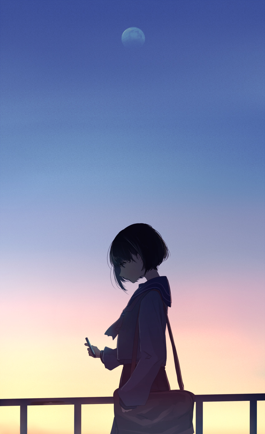 bag black_eyes black_hair blue_sky cellphone commentary_request film_grain highres mifuru moon original phone profile railing sailor_collar school_uniform short_hair sky smartphone