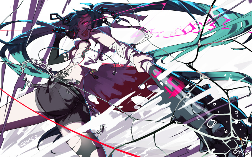39 aqua_hair artist_name bai_yemeng bandaged_arm bandages belt breasts broken_glass chain commentary_request elbow_gloves from_below from_side glass gloves glowing glowing_eyes hatsune_miku highres holding long_hair looking_at_viewer microphone open_mouth pink_eyes revision short_shorts shorts signature single_elbow_glove single_thighhigh small_breasts solo thighhighs torn_clothes torn_gloves torn_legwear twintails underboob very_long_hair vocaloid weapon