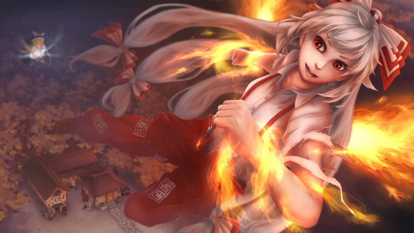 bare_arms blonde_hair bow broom broom_riding buttons clenched_hands collarbone collared_shirt commentary_request dress fiery_wings fire floating fujiwara_no_mokou full_body hair_bow hands_up hat highres kirisame_marisa long_hair looking_at_another looking_back multiple_girls ofuda ofuda_on_clothes open_mouth outdoors pants red_eyes red_pants shirt silver_hair smile solo_focus suspenders torn_clothes torn_shirt torn_sleeves touhou unmeltz very_long_hair white_shirt wing_collar witch_hat