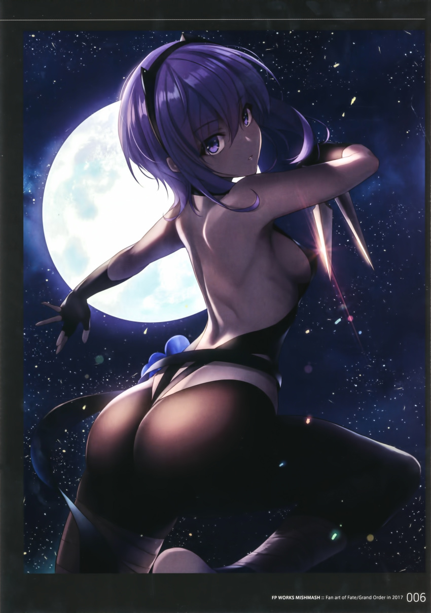 absurdres arm_up ass back backless_outfit bandages bare_back bare_shoulders black_gloves black_hairband black_leotard breasts dark_skin elbow_gloves eyebrows_visible_through_hair fate/prototype fate/prototype:_fragments_of_blue_and_silver fate_(series) fukai_ryousuke full_moon gloves hair_between_eyes hairband hassan_of_serenity_(fate) highres holding holding_weapon kunai leg_up leotard looking_at_viewer looking_back medium_breasts moon moonlight night night_sky outdoors page_number pantyhose parted_lips purple_eyes purple_hair scan short_hair sideboob skin_tight sky solo star_(sky) starry_sky weapon