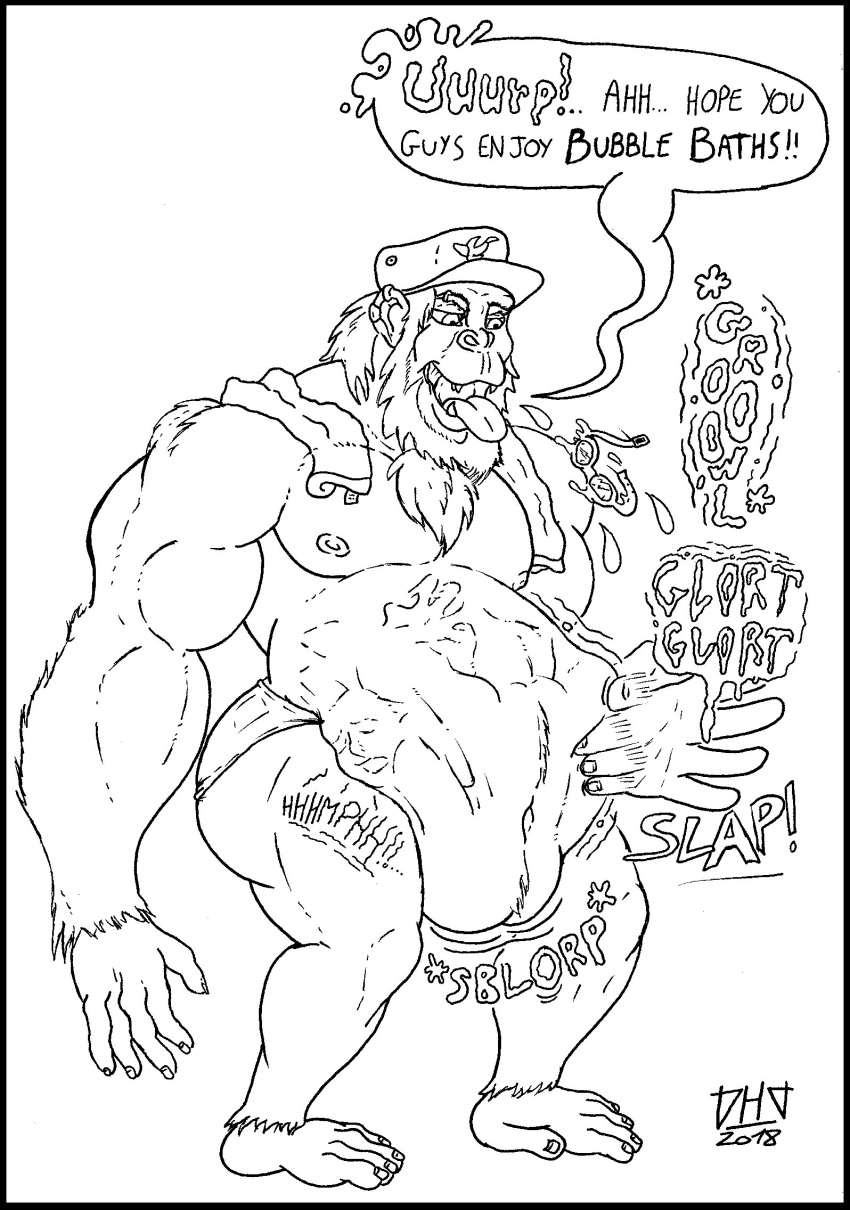 abdominal_bulge ape clothing digestion gorilla hat implied_digestion male mammal mint muscular post_vore primate skianous slightly_chubby stomach_noises swimsuit towel vore