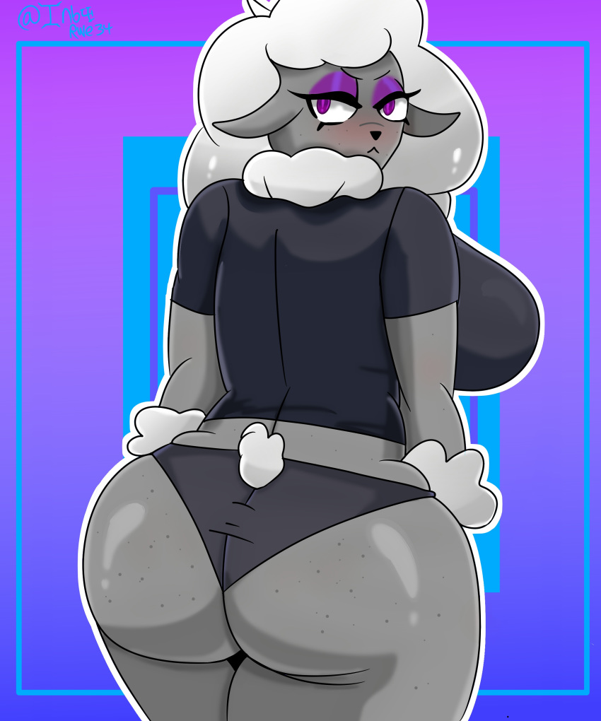 2018 big_breasts big_butt blush breasts butt caprine clothing digital_drawing_(artwork) digital_media_(artwork) female inb4rule34 invalid_tag looking_at_viewer mammal sheep simple_background thick_thighs underwear