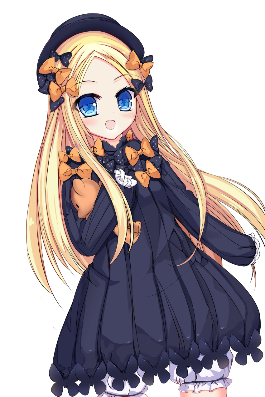 :d abigail_williams_(fate/grand_order) absurdres bangs black_bow black_dress black_hat blonde_hair bloomers blue_eyes blush bow bug butterfly commentary cowboy_shot dress eyebrows_visible_through_hair fate/grand_order fate_(series) forehead hair_bow hat highres insect long_hair long_sleeves looking_at_viewer object_hug open_mouth orange_bow parted_bangs polka_dot polka_dot_bow simple_background sleeves_past_fingers sleeves_past_wrists smile solo stuffed_animal stuffed_toy teddy_bear underwear very_long_hair vivian_(lancerhd) white_background white_bloomers