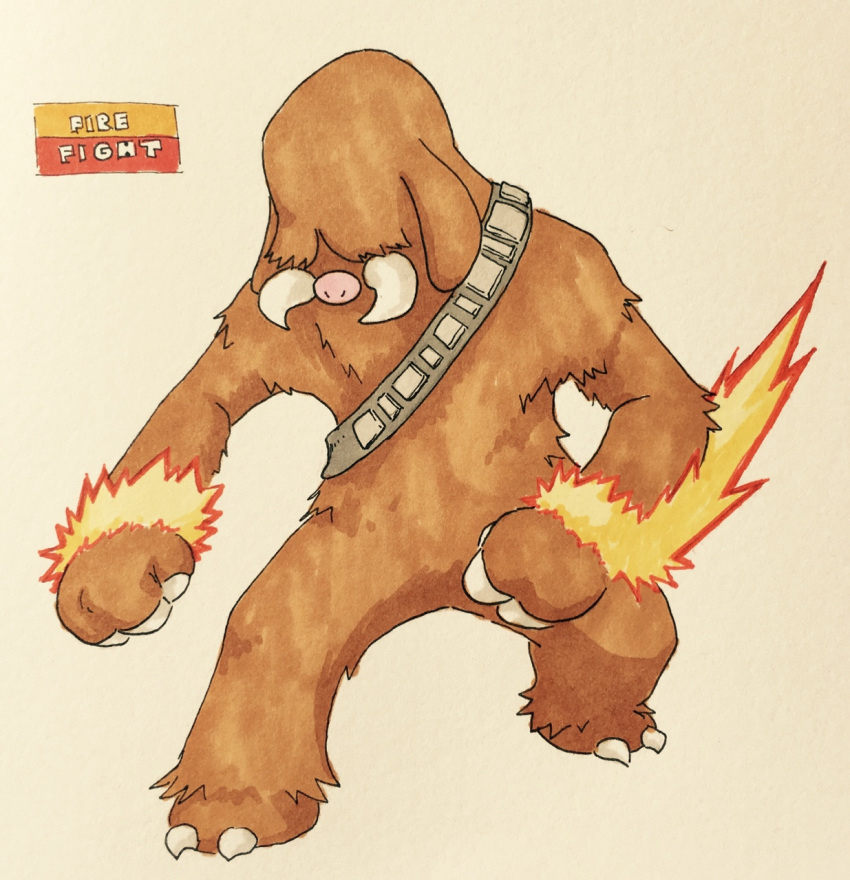 2017 3_fingers ambiguous_gender ammo_belt anthro anthrofied biped brown_fur chewbacca claws cosplay covered_eyes crossover english_text fak&eacute;mon featureless_crotch fighting_stance fire firefightdex fist floppy_ears fluffy front_view full-length_portrait fur hatching_(technique) hi_res mammal marker_(artwork) mfanjul mixed_media mostly_nude nintendo pen_(artwork) pig_nose piloswine pink_nose pok&eacute;mon pok&eacute;mon_(species) pok&eacute;morph porcine portrait shadow simple_background solo standing star_wars text toe_claws toony traditional_media_(artwork) tusks video_games white_background white_claws