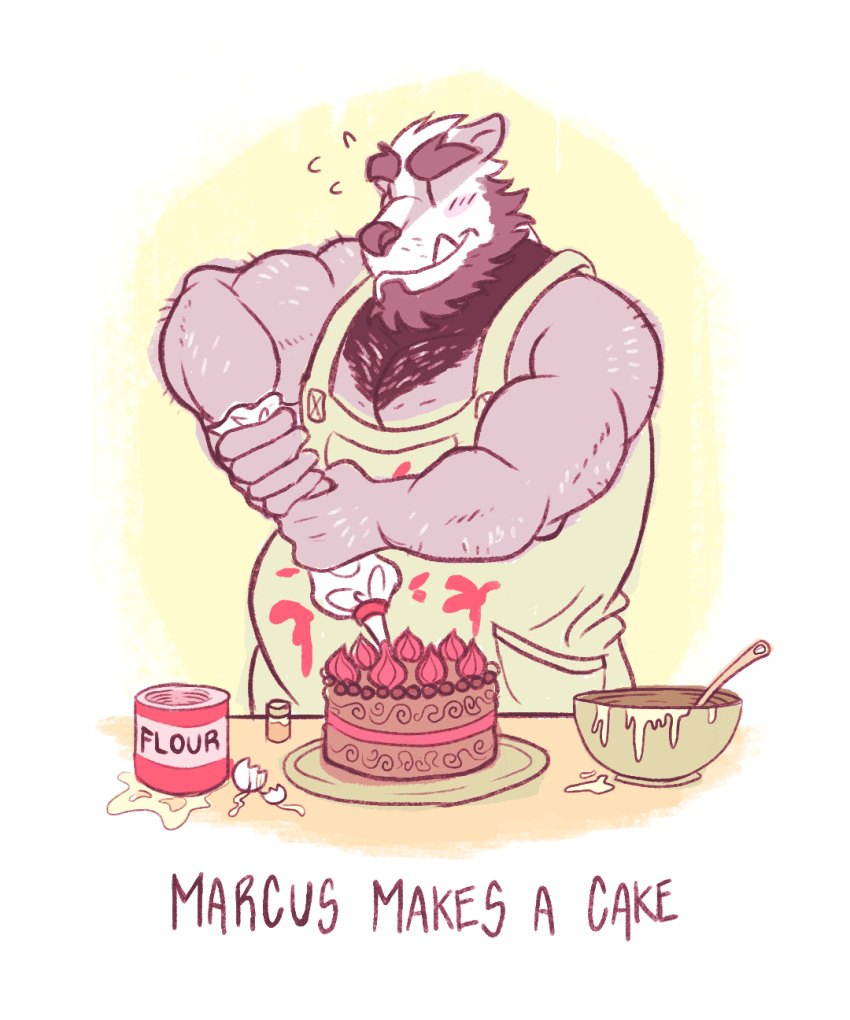 animated anthro apron arcarc badger big_muscles blush bowl cake clothing cooking cute egg flour food happy male mammal marcus muscular muscular_male mustelid solo