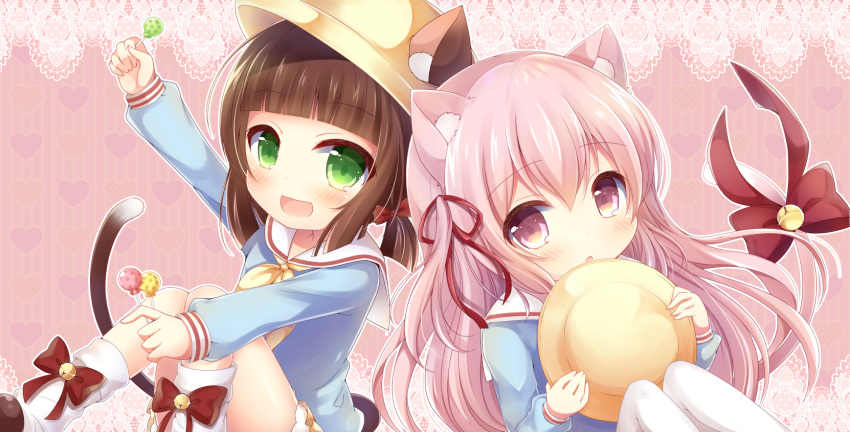 :d :o animal_ears arm_up azur_lane bangs bell blue_shirt blunt_bangs blush bow brown_hair candy cat_ears cat_girl cat_tail commentary_request ears_through_headwear eyebrows_visible_through_hair fang fingernails food green_eyes hair_between_eyes hair_bow hair_ribbon hat hat_removed headwear_removed heart heart_background highres holding holding_hat holding_lollipop jingle_bell kindergarten_uniform kisaragi_(azur_lane) lace_border lollipop long_hair long_sleeves looking_at_viewer loose_socks low_twintails multiple_girls mutsuki_(azur_lane) one_side_up open_mouth pantyhose parted_lips pink_eyes pink_hair red_bow red_ribbon ribbon sailor_collar school_hat shirt short_twintails smile socks striped striped_background tail tail_bell tail_bow twintails vertical-striped_background vertical_stripes very_long_hair white_legwear white_sailor_collar yellow_hat yukiyuki_441