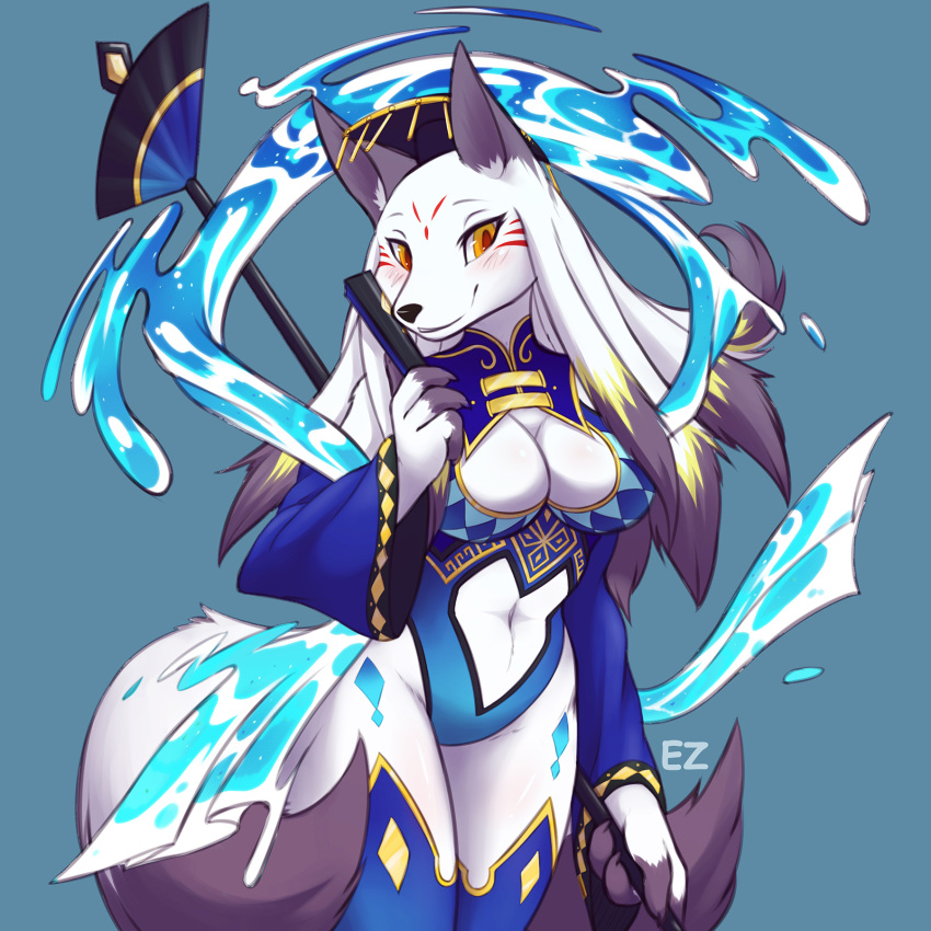 anthro belly blush breasts canine cleavage clothed clothing daji_(fullbokko_heroes) eternity_zinogre female fullbokko_heroes fur hair japanese_clothing kimono looking_at_viewer mammal smile solo video_games