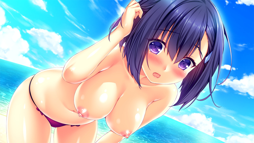 areolae beach bikini blue_sky blush bow bow_bikini breasts cleavage cloud cloudy_sky collarbone cowboy_shot day erika_(tropical_liquor) eyebrows_visible_through_hair eyelashes fingernails game_cg hair_between_eyes hair_tousle hand_in_hair hand_on_own_knee hand_up horizon large_breasts leaning_forward legs_apart long_fingernails looking_at_viewer nipples no_bra ocean open_mouth outdoors purple_bikini purple_bow purple_eyes purple_hair sayori shiny shiny_skin short_hair skindentation sky solo standing swimsuit tropical_liquor water