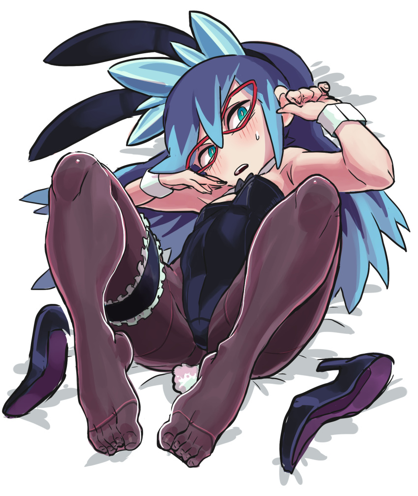 animal_ears blue_hair blush bunny_ears bunny_tail bunnysuit detached_collar fake_animal_ears feet fubukihime garters gashi-gashi glasses green_eyes high_ponytail highres long_hair lying multicolored_hair on_back open_mouth pantyhose purple_hair shoes_removed solo tail two-tone_hair wrist_cuffs youkai youkai_watch