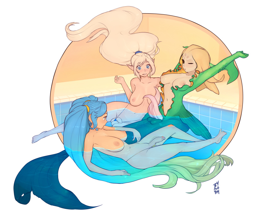 3girls absurdres animal_penis barefoot bathhouse black_sclera blue_eyes blue_hair breasts dolphin_penis extra_penises facial_mark flaccid forehead forehead_mark foreskin futanari highres janna_windforce large_breasts large_penis league_of_legends long_hair mermaid monster_girl multiple_girls multiple_penises nami_(league_of_legends) navel nipples nude one_eye_closed partially_submerged penis penis_envy pointy_ears ponytail red_eyes small_breasts sona_buvelle stretch string_bikini testicles topless twintails uncensored very_long_hair