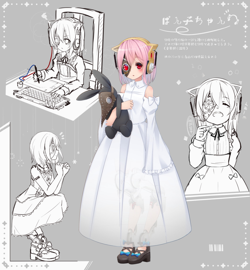 1girl absurdres android animal_ears barcode_tattoo bare_arms bare_shoulders blush bow cat_ear_headphones cat_ears chair closed_mouth commentary_request detached_sleeves dress eyes_closed frilled_sleeves frills grey_background headphones highres hot_kakigoori juliet_sleeves long_sleeves looking_at_viewer multiple_views object_hug on_chair open_mouth original pink_hair plague_doctor_mask profile puffy_sleeves red_eyes robot_joints round_teeth see-through sitting sleeveless sleeveless_dress sleeves_past_fingers sleeves_past_wrists stuffed_animal stuffed_bunny stuffed_toy tattoo teeth translation_request upper_teeth white_bow white_dress white_sleeves