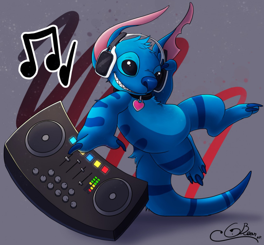 &lt;3 3_toes alien arm_markings back_markings blue_claws blue_eyes blue_fur blue_nose cap.grolarbear chest_tuft claws collar dipstick_tail disney dj experiment_(species) fan_character fur grey_background grin head_tuft leg_markings lilo_and_stitch markings multicolored_tail musical_note notched_ear on_tail signature simple_background smile solo striped_tail stripes toes tuft turntable_(decks)