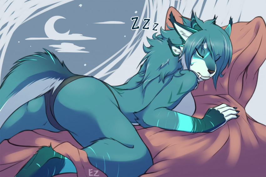 bed breasts clothed clothing eternity_zinogre feline female fur green_fur mammal panties pillow sleeping solo three_tone_fur topless underwear white_fur