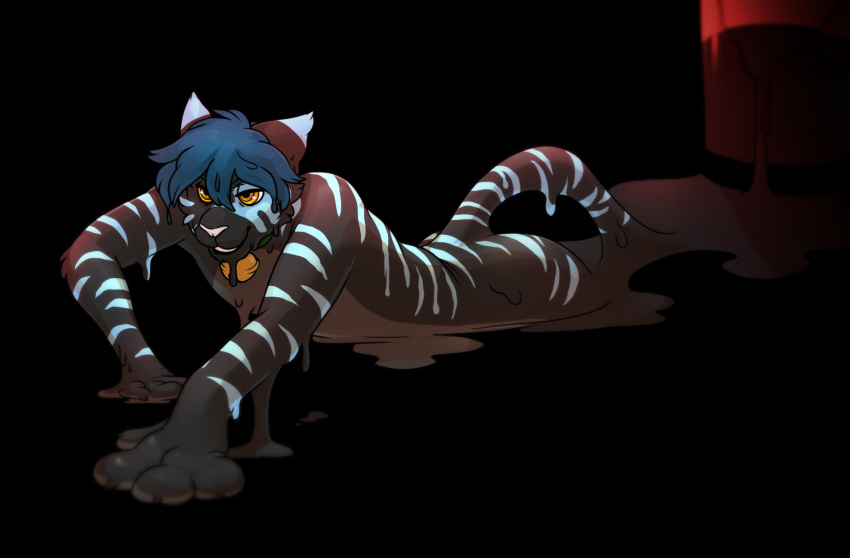 4_fingers anthro bell black_background blue_hair cat crawling cubi digital_drawing_(artwork) digital_media_(artwork) feline goo_creature hair hi_res male mammal markings nude sige simple_background solo stripes