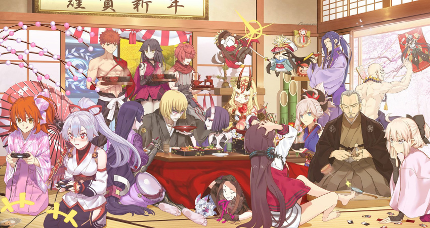 6+girls aora assassin_(fate/stay_night) bamboo chacha_(fate/grand_order) chibi commentary_request controller cup daruma_doll eating emiya_shirou fate/grand_order fate_(series) fou_(fate/grand_order) fujimaru_ritsuka_(female) fuuma_kotarou_(fate/grand_order) game_console hanafuda headphones highres houzouin_inshun_(fate/grand_order) ibaraki_douji_(fate/grand_order) japanese_clothes kagami_mochi katana katou_danzou_(fate/grand_order) keikenchi_(style) kimono kite kotatsu limited/zero_over minamoto_no_raikou_(fate/grand_order) miyamoto_musashi_(fate/grand_order) mochizuki_chiyome_(fate/grand_order) multiple_boys multiple_girls oda_nobunaga_(fate) oda_nobunaga_(swimsuit_berserker)_(fate) okita_souji_(fate) okita_souji_(fate)_(all) oni oni_horns playing_games playstation_4 ponytail sakata_kintoki_(fate/grand_order) sakazuki shuten_douji_(fate/grand_order) sword table tomoe_gozen_(fate/grand_order) trait_connection tray umbrella weapon yagyuu_munenori_(fate/grand_order)