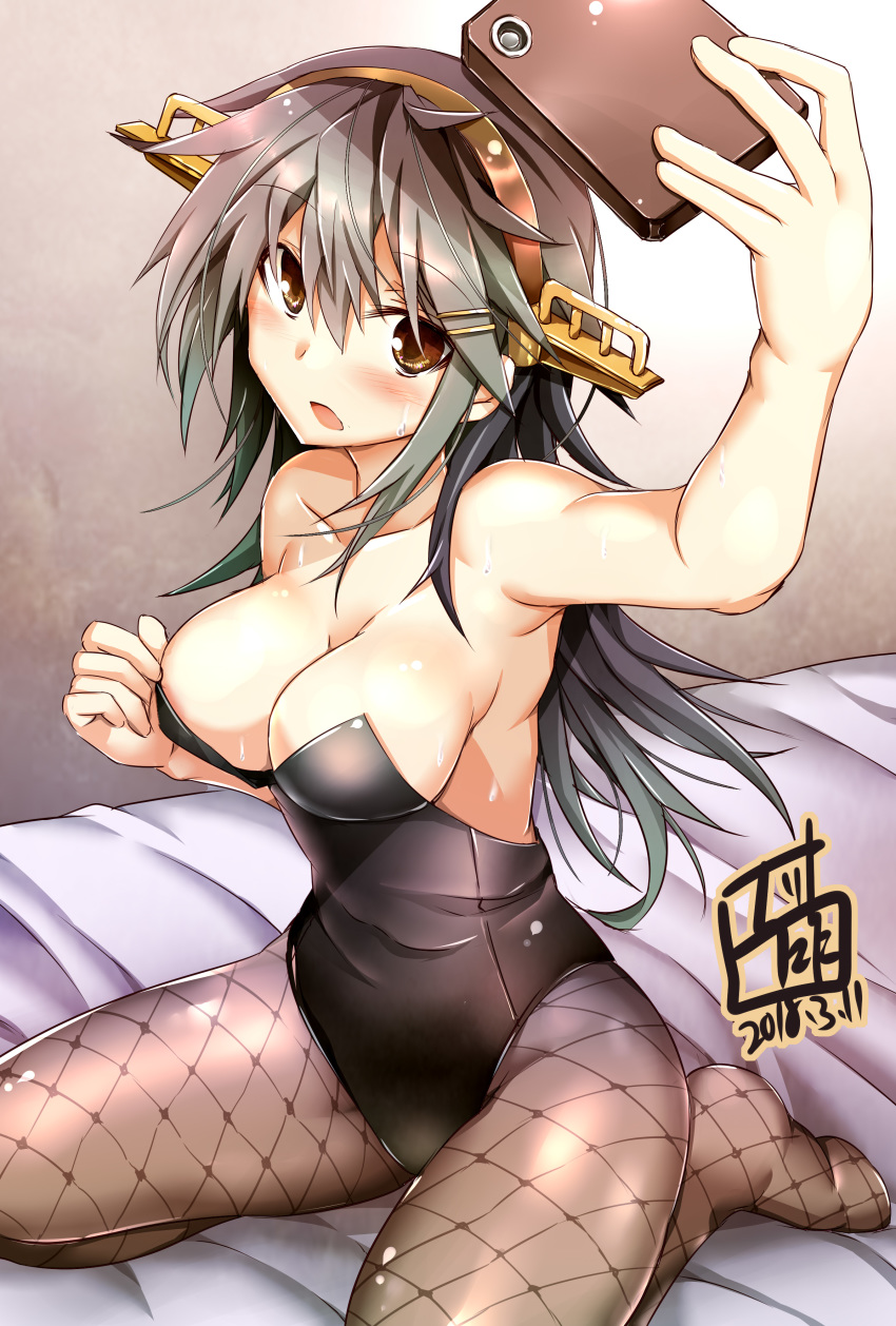 :o absurdres alternate_costume arm_up bangs bare_arms bare_shoulders bed_sheet black_hair blush breasts brown_eyes brown_legwear bunnysuit cellphone cleavage collarbone eyebrows_visible_through_hair gradient_hair green_hair hair_between_eyes hair_ornament hairclip haruna_(kantai_collection) headgear highres holding holding_phone kantai_collection large_breasts leotard long_hair looking_at_viewer mukouhara_shiryuu multicolored_hair no_shoes on_bed open_mouth pantyhose phone print_legwear self_shot shiny shiny_clothes shiny_skin sitting smartphone solo strapless strapless_leotard sweat taking_picture wariza wrist_cuffs