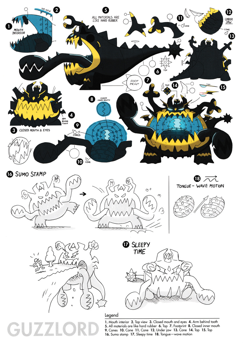 2016 concept_art english_text guzzlord hi_res james_turner model_sheet nintendo official_art pok&eacute;mon pok&eacute;mon_(species) simple_background sleeping solo text ultra_beast video_games white_background