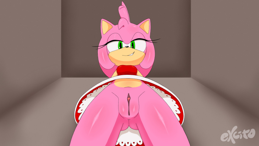amy_rose bedroom_eyes clothing dress excito female first_person_view half-closed_eyes hedgehog looking_at_viewer looking_down mammal no_underwear pussy seductive solo sonic_(series) underass