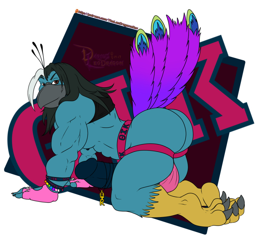 all_fours anthro avian beak big_penis bulge butt clothing darius_leodragon erection humanoid_penis jockstrap looking_at_viewer male muscular muscular_male penis smile solo theta_iota_kappa underwear