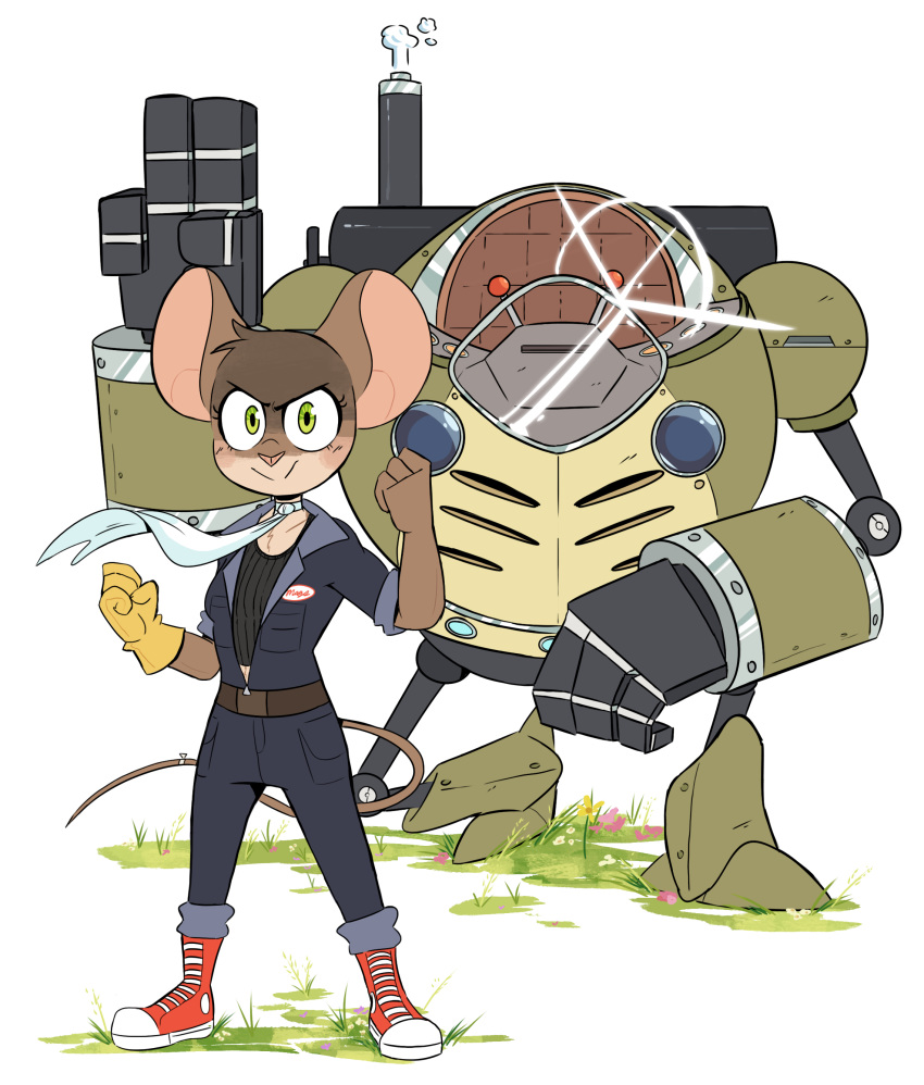 2018 4_fingers beezii big_ears big_eyes brown_fur clenched_fists clothed clothing countershading digital_media_(artwork) female footwear front_view full_portrait fully_clothed fur gloves grass green_eyes humanoid_hands jumpsuit kneeling looking_at_viewer machine maggie_(beezii) mammal mecha mouse outside proud rodent scarf shoes simple_background smile solo standing v_sign white_background white_fur work_gloves