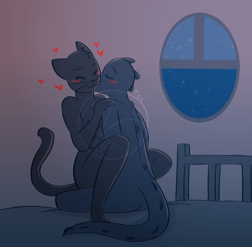 &lt;3 alligator anthro bea_(nitw) bed blush cat crocodilian cute distracting_watermark duo feline female female/female hi_res kissing mae_(nitw) mammal multi_nipple night_in_the_woods nipples nude reptile scalie sinfullysweet-tea watermark window