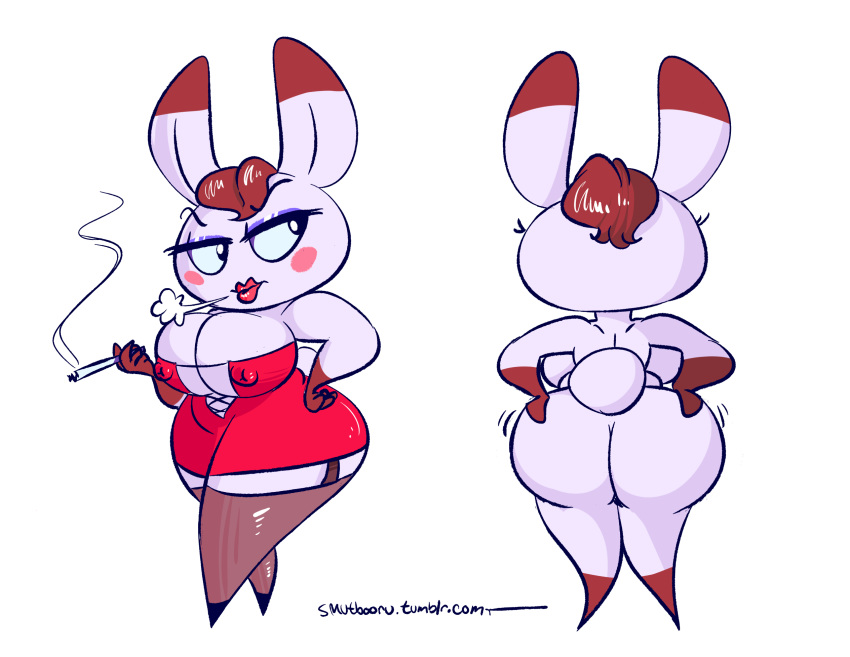 2016 animal_crossing anthro big_breasts big_butt breasts brown_hair butt cleavage clothed clothing digital_media_(artwork) dress eyeshadow female fully_clothed hair hand_on_hip holding_object lagomorph legwear lipstick makeup mammal nintendo nipple_bulge nude rabbit rear_view short_hair side_boob simple_background slightly_chubby smoke smoking smutbooru solo standing stockings thick_thighs thigh_highs tiffany_(animal_crossing) video_games voluptuous wide_hips