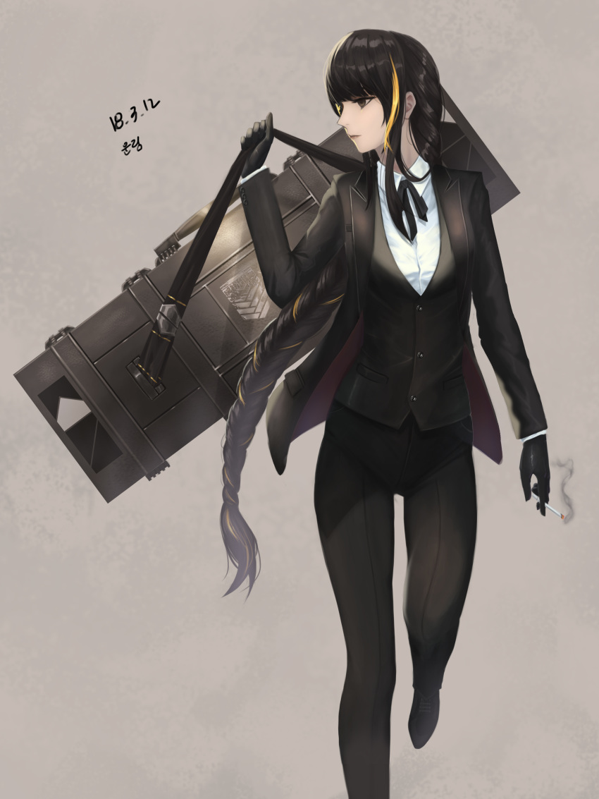 absurdres alternate_costume bangs black_gloves black_hair black_pants black_ribbon braid brown_eyes brown_hair buttons cigarette collared_shirt commentary dated dress_shirt dress_shoes eyepatch girls_frontline gloves grifon&amp;kryuger highres holding holding_cigarette holding_strap jacket long_hair long_sleeves looking_to_the_side m16a1_(girls_frontline) mid-stride mole mole_under_eye multicolored_hair neck_ribbon pants ribbon shirt shoes sidelocks signature simple_background smoke_trail solo streaked_hair un_lim walking weapon_case white_shirt