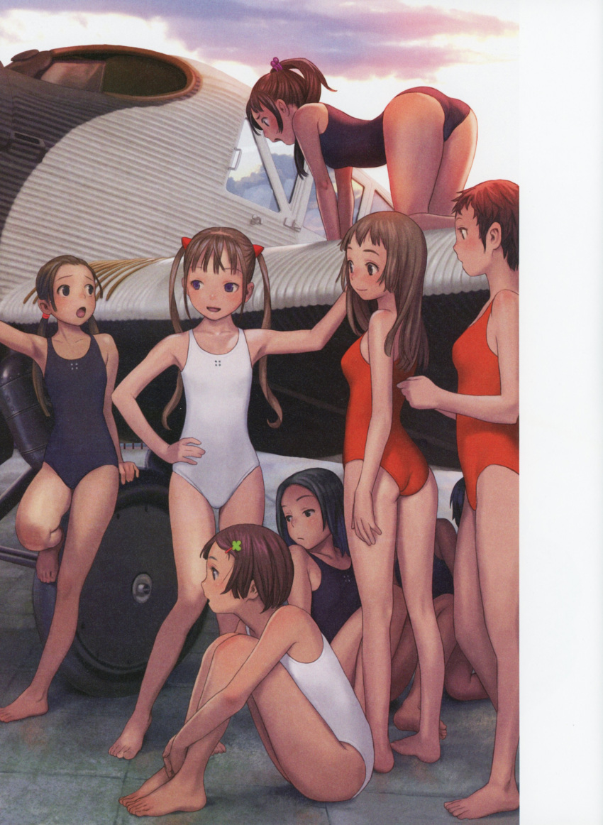 absurdres aircraft airplane all_fours ass barefoot black_swimsuit blue_eyes blush body_blush breasts brown_eyes brown_hair collarbone day flat_chest full_body hair_ornament hand_on_hip highres long_hair medium_breasts multiple_girls murata_renji one-piece_swimsuit open_mouth orange_swimsuit original outdoors red_swimsuit short_hair sitting small_breasts standing swimsuit twintails white_swimsuit